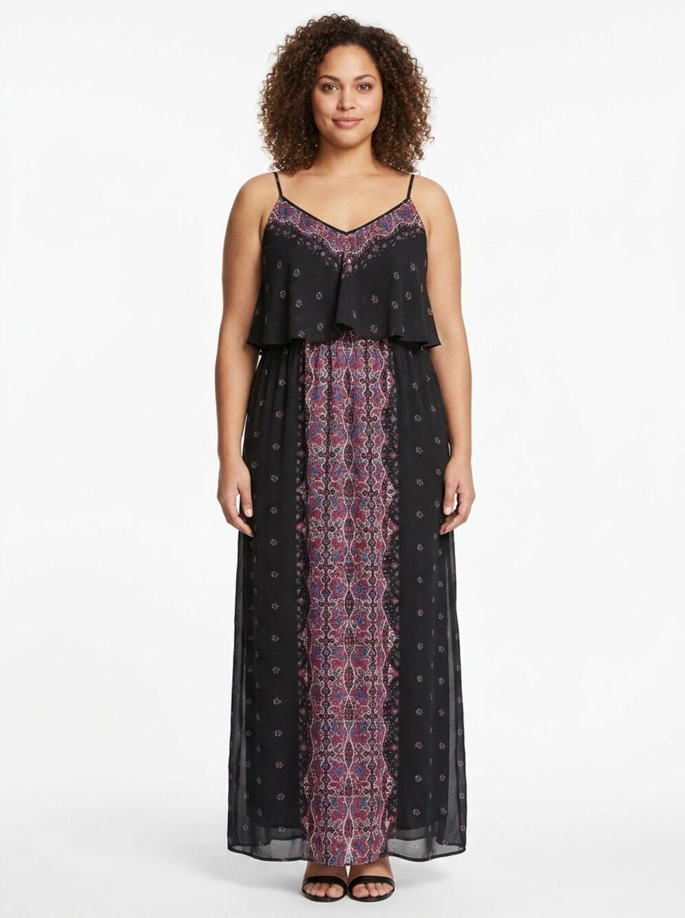 Express Black Paisley Print Ruffle Overlay Maxi Dress Women Size XL